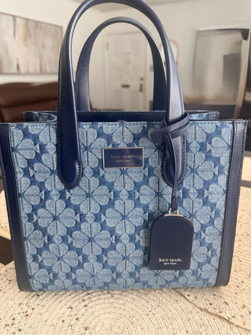 kate spade navy and light blue jacquard tote